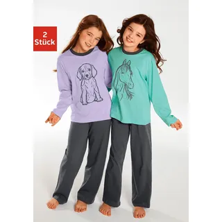 Pyjama VIVANCE, Jungen, Gr. 134/140, bunt (flieder, mint), Jersey, Obermaterial: 100% Baumwolle, bedruckt, unifarben, Basic, lässig geschnitten lang, Rundhals, abgesteppte Kante, Homewear-Sets Pyjama, Oberteile in schönen Farben mit Tierdruck