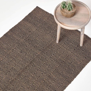 Homescapes Naturfaser-Teppich/Bettvorleger, 60 x 100 cm, 100% Jute-Teppich mit geometrischem Rautenmuster, schwarz-beige