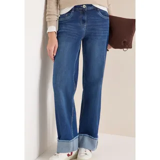 5-Pocket-Jeans CECIL "Style NEELE", Damen, Gr. 30, Länge 32, mid blau used wash, Denim/Jeans, Obermaterial: 69% Baumwolle, 29% Polyester, 2% Elasthan. Futter: 52% Polyester, 48% Baumwolle, unifarben, loose fit lang, Jeans 5-Pocket-Jeans, Wide Leg Washed-Look Jeans mit Aufschlag