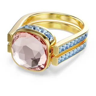 Swarovski Chroma Ring, Vergoldeter und Mehrfarbiger Twist-Damenring mit einem Wendbaren ReCreated Crystal in Grün und Pink im Kissenschliff und Kleineren Blauen Kristallen, Größe: 60