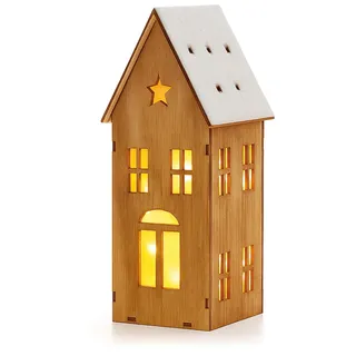 com-four® Beleuchtetes Holzhäuschen mit LED-Lichtern und Timer (6h an/18h aus) - Weihnachtsdekoration für Tisch oder Fensterbank - winterliche Holzdeko zum Hinstellen [Auswahl variiert] (1x Holzhaus)
