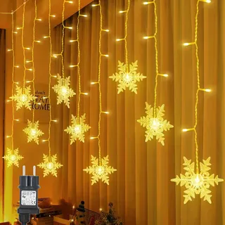 Schneeflocke Lichterkette Warmweiß 94 LEDs, Lichtervorhang Innen 8 Modi Timer 31V Weihnachtsbeleuchtung Deko Fenster Schlafzimmer - Weiß