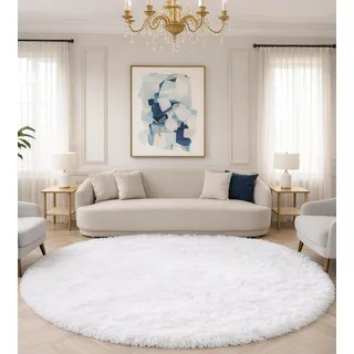 VOFUSHON Teppich Rund 150 cm Weiß Waschbar Rutschfester Hochflor Runder Teppich Wohnzimmer Weich Flauschig Rug