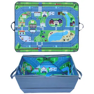 HECKBO 4-in-1 Auto Organizer und Spielteppich - Kinder Spielzeug-Aufbewahrungsbox - Faltbare Spielmatte mit Straßenmotiv - Sichere Befestigung im Auto, 91cm x 72cm
