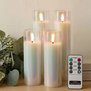 Rhytsing Flammenlose Kerzen im Perlmuttglas, 4er Set LED Kerzen im Glas mit Fernbedienung & Batterien, Kerzen mit violettem Kern & realistischem Flammenspiel - D 5 cm (Höhe 2x 15 cm, 2x 20,5 cm)