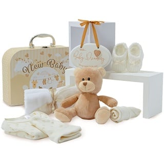 Baby Box Shop Babyparty Geschenk Neutral - 9 Gender Reveal Geschenk, Babybox, Baby Geschenkkorb, Neugeborene Geschenkset, Baby Shower Gifts Geschenksets für Babys, Baby Shower Geschenke - Crème