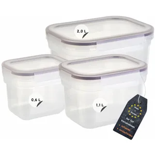 Engelland - 3er Set Aufbewahrungsdosen mit Deckel, luftdicht, auslaufsicher, stapelbar, Vorratsdose, BPA-frei, Kunststoff, verschiedene Größen, 0,6 L / 1,1 L / 2,0 L, transparent