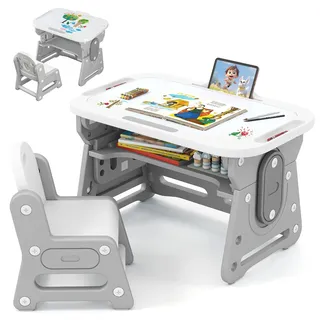 FANTASK Kindertisch mit Stuhl, Kinderschreibtisch höhenverstellbar mit neigbarer Tischplatte, Kindertisch mit Stuhl & Stauraum, Lernschreibtisch Set mit Zubehör für Jungen Mädchen ab 3 Jahren, Grau