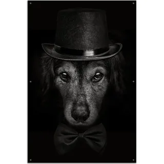 Wallario Outdoor-Poster für Garten oder Balkon, Motiv Eleganter Hund mit Zylinder in schwarz-weiß, in ca. 61 x 91,50 cm - Schwarz