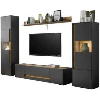 Furn.Design Wohnwand 4-teilig grau matt, Eiche Wotan 310 cm, Wohnkombination, viel Stauraum , Holz , Nachbildung,Eiche , Holz Optik, Uni , 6 Fächer , 310x197x45 cm , Wohnzimmer, Wohnwände