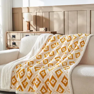 Wajade Böhmische Kuscheldecke Rhombus Flauschige Fleecedecke Winter Warme Plüschdecke Luxuriöse Kunstfelldecke Weiche Decke für Bett Couch - Gelb 127 * 153