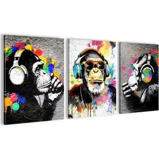 Novart Wandbilder Affe Banksy Style Graffiti - KOMPLETT AUFHÄNGFERTIG - Wohnzimmer Loft Deko - 3 Moderne Bilder 30x40 cm Grau Bunt - N034535a