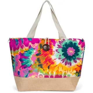 styleBREAKER XXL Strandtasche mit buntem Blumen Print | Große Schultertasche mit Knebelknopf, Stoffhenkel & Karabiner | Damen Shopper 56 x 36 x 18 cm, Farbe:Violett-Rot-Grün