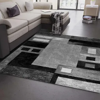 VIMODA Designer Teppich Wohnzimmer Grau Kariert mit Farbverlauf und Konturenschnitt, Maße:80 x 300 cm