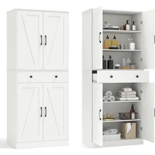 COSTWAY 183cm Küchenschrank, Vorratsschrank mit 4 Türen, Schublade & 3 verstellbaren Regalen, Mehrzweckschrank, Hochschrank Buffetschrank, Weiß - Weiß