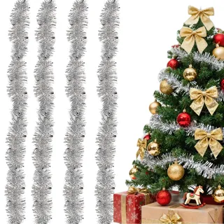 Lametta Girlande | Weihnachtsbaum Girlande 4er-Pack [8M], Extra Dicht & Glänzend für Festliche Atmosphäre | Perfekter Weihnachtsbaumgirlande für Christbaum (Silber, 4 Pack)