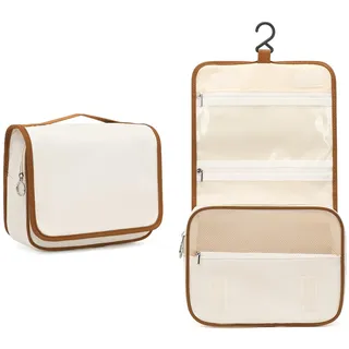 KONO Kulturbeutel Damen & Herren, Kulturtasche Zum Aufhängen, Kosmetiktasche mit Haken, Große Kosmetiktasche für Damen, geeignet für große Behälter und Reisegröße Zubehör (Beige & Brown)
