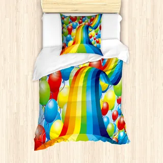 ABAKUHAUS Regenbogen Bettbezug Set für Einzelbetten, Ballons Ribbons wellig, Milbensicher Allergiker geeignet mit Kissenbezug, Mehrfarbig