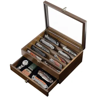 Emfogoo 2 Etagen Messerhalter, Holz Messerständer, Messer Vitrine mit Schublade und Hochauflösendem Glas, Sammelmesserständer für Aufbewahrung Verschiedene Messer, Heimdekoration (Nussbaum)