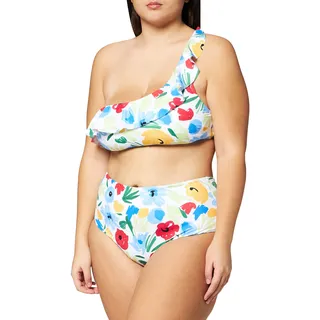 Iris & Lilly Damen Gepolsterter One-Shoulder-Bikini mit Hohem Bund, Weiß Blumenaufdruck, 38