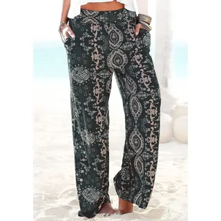 Strandhose LASCANA, Damen, Gr. 42, N-Gr, schwarz (schwarz, bedruckt), Jersey, Obermaterial: 100% Viskose, bedruckt, figurumspielend lang, Hosen Strandhose, mit Ethnoprint und Taschen, Wide-Leg, Marlenehose, Topseller