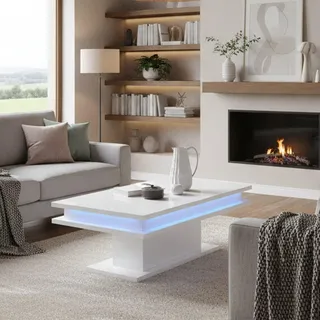 Dmora - Couchtisch Leon, niedriger Couchtisch, Zeitungsständer, 100 % Made in Italy, 100 x 55 x 42 cm, glänzend weiß mit LED-Licht,