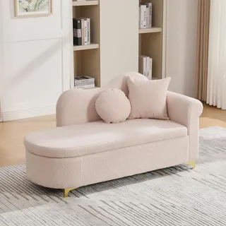 Merax Chaiselongue mit Stauraum und Massivholzrahmen, Liegesessel Schlafsessel mit Teddyplüsch, Relaxliege mit Wellen-Rückenlehne und 2 Kissen, Beige - Beige