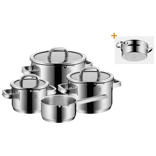 WMF Function 4 Topfset 5-teilig mit Glasdeckel, Kochtopf, Stielkasserolle, Dämpfer, Cromargan Edelstahl poliert, 4 Abgießfunktionen, Innenskalierung, induktionsgeeignet, schwarz - Silber
