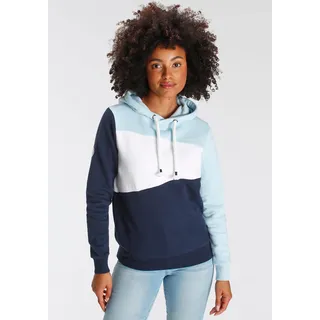 Hoodie KANGAROOS, Damen, Gr. 52/54, blau (marine, hellblau), angeraute Sweatware, Obermaterial: 80% Baumwolle, 20% Polyester, bedruckt, figurumspielend hüftbedeckend, Rippbündchen, Sweatshirts Hoodie, Langarm, lockere Passform, Colorblocking-Optik