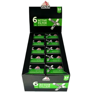 Gizeh BLACK Active Filter, Ø 6 mm – 10 Beutel á 34 Filter | Aktivkohle aus Kokosschale & wiederverwendbare Keramikkappen, 27 mm Länge - Made in Germany