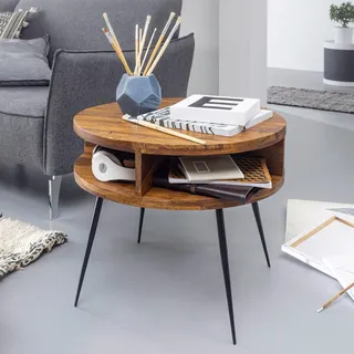 FineBuy Couchtisch Sheesham Massivholz / Metall 60x45x60 cm Tisch Wohnzimmer Design Beistelltisch mit Ablage Kleiner Wohnzimmertisch Rund Braun - Braun