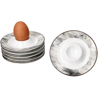 MamboCat 6er Set Alois Eierbecher mit Ablage I 6 Personen I Ø 13,2cm I runde Porzellan-Eierbecher mit Holz-Optik für das Frühstücksei I weiße Flache Eierbecher für Brunch & Buffet