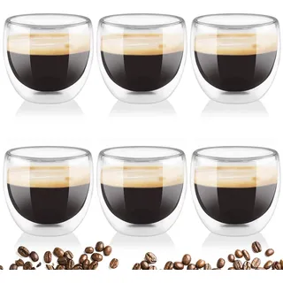 6 x 80 ml transparente doppelwandige Thermogläser für Kaffee - Espressotassen für Latte, Tee, Matcha, Cappuccino - Milchglas