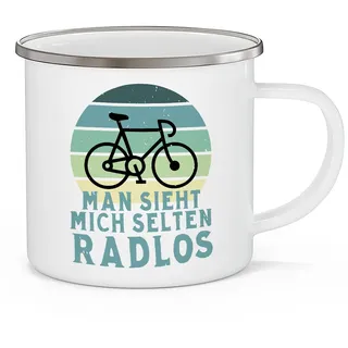 OM3® Fahrrad Emaille-Tasse mit Spruch - man sieht mich selten Radlos | Emailletasse Emaille Becher | 12oz 300ml | Beidseitig Bedruckt | Weiß-Metall