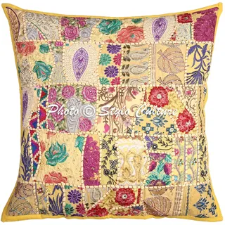 Stylo Culture Indische Dekorativ Baumwolle Couch Kissenbezüge 60x60 cm Gelb Dekokissen Vintage Patchwork Schlafzimmer Sofa kopfkissenbezug Abstrakt Quadrat Umschlagverschluss Kissenhullen - 1 STK.