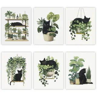 GOMAKERER 6 Stück Süße Botanische Wandkunstdrucke Mit Schwarzer Katze Grüne Pflanzen Boho Wandposter Minimalistisches Ästhetisches Poster Bilder Für Wohnzimmer Schlafzimmer Wohndekoration (Ungerahmt)