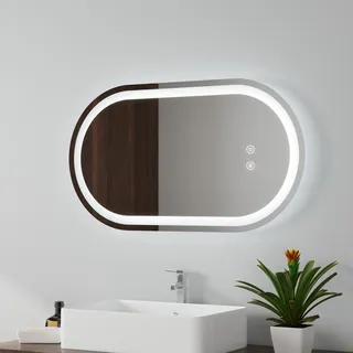 EMKE LED Badspiegel 50x90cm Badspiegel beschlagfrei Beleuchtung 3 Lichtfarbe Lichtspiegel Badezimmerspiegel rund vieleck Wandspiegel mit Touchschalter - Silber