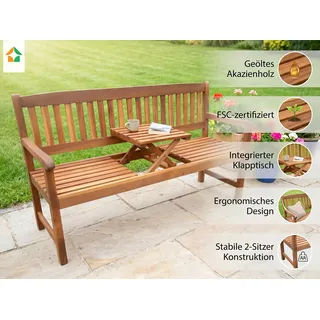 2-Sitzer Gartenbank mit klappbarem Tisch aus Akazienholz, 153 x 57 x 88 cm