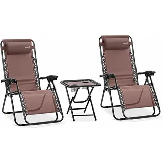 SereneLife Sonnenliege Klappbar 2er Set mit Tisch, Zero Gravity Liegestuhl Garten, bis 120 kg Braun, Verstellbar und Wetterfest, mit Getränkehalter und Kopfkissen, für Balkon Strand Camping