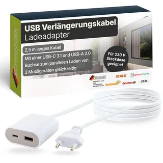 Schwaiger 658699 USB Ladeadapter Verlängerungskabel Type C USB 2.0 Ladegerät Ladeverlängerung Eurostecker Ladegerät Kabel 2,5 m weiß/grau
