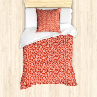 ABAKUHAUS Blumen Mantele, Jugendstil-Muster, Milbensicher Allergiker geeignet mit Kissenbezügen, 135 cm x 200 cm - 80 x 80 cm, Orange Weiß - Orange