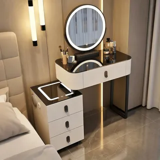 Smart Schminktisch Klein mit Spiegel und Glasplatte, Einfach zu Montieren | Luxuriös Frisiertisch mit 5 Schubladen für Schlafzimmer, Kunstleder, Bewegbar & 360° Drehbarer Schminkspiegel