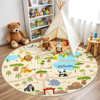 Enyhom Dicker Spielteppich Kinderteppich Ultraweiche rutschfest Spielmatte Waschbar Zoo Tiere Kinderteppich für Mädchen Jungen,Straßenteppich, 160 cm Rund