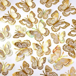 36stk Wandtattoo Schmetterlinge Gold,Schmetterling Deko Wandtattoos 3D Wandaufkleber Goldfarben Schmetterling Wandsticker Wanddeko Für Schlafzimmer Wohnzimmer Weihnachten Hochzeit Party Wand-Dekor