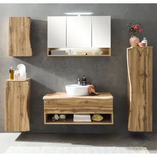 Badezimmer Set in Wotan Eiche Nb. mit Baumkantenoptik KAHLA-03 LED Spiegelschrank und Keramik Waschbecken, B/H/T: 216/200/52 cm - Braun