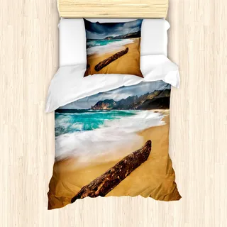 ABAKUHAUS Meer Bettbezug Set für Einzelbetten, Strand mit stürmischem Wetter, Milbensicher Allergiker geeignet mit Kissenbezug, Ingwer und Blau - Blau