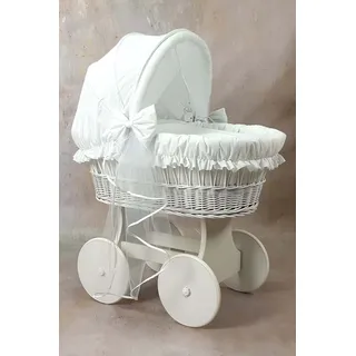 Stubenwagen Weiß für Babys Großen Rädern Komplett Set Weiß Haube mit Moskitonetz Bettwäsche Set und Matratze - Weiß