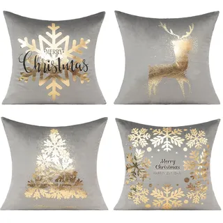 All Smiles Grau Gold Weihnachtsdekoration Wurfkissenbezug 45,7 x 45,7 cm, 4er-Set Winter Xmas Indoor Home Urlaub Dekor Ornamente Samt Navidad Kissen für Bett Sofa Couch Weihnachtsbaum Rentier