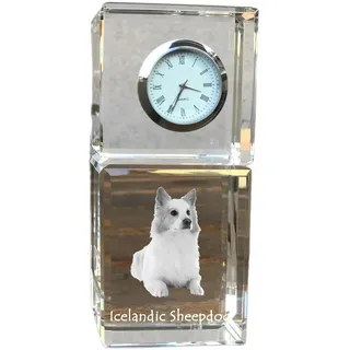 Islandhund, Isländischer Spitz, Isländischer Schäferhund - Kristalluhr mit Foto, Hundebild im Kristall, personalisierte Schreibtischuhr von Art-Dog.