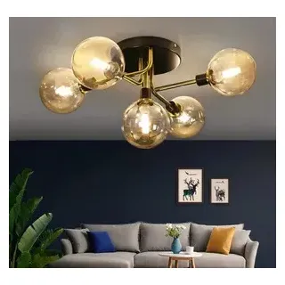 ZMH Deckenleuchte 5 Flammig mit Glas Kugel Bernstein Deckenlampe Warmweiß G9 Fassung Innenleuchte Kronleuchte für Schlafzimmer Wohnzimmer - Gelb